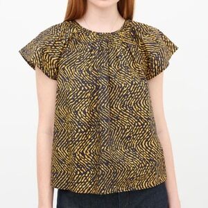 Ulla Johnson Black & Yellow Print Macie Top with Flutter Sleeves